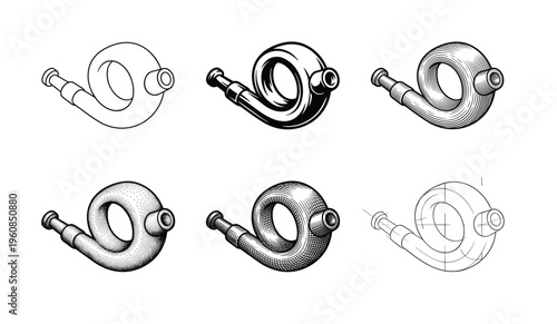 Set of vintage post horn vector illustrations. Collection of icons in different graphic styles like engraving, line art, and hatching. For classic or retro communication designs.