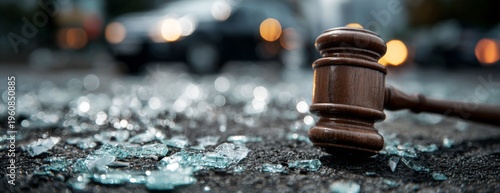 Legal gavel resting on broken glass at car accident scene  