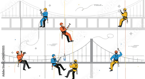Industrial climbers and professional technicians performing maintenance repair and construction on a large suspension bridge with ropes and safety gear