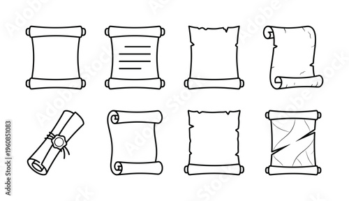 A set of old parchment scroll vector icons. Line art collection of ancient manuscripts, letters, and documents for fantasy games, historical designs or vintage projects.