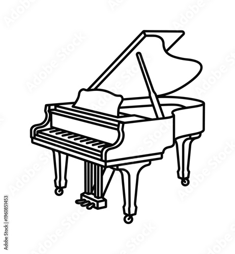Elegant grand piano line art vector. A classic musical instrument icon perfect for concerts or music schools. Minimalist black and white outline drawing for creative projects.