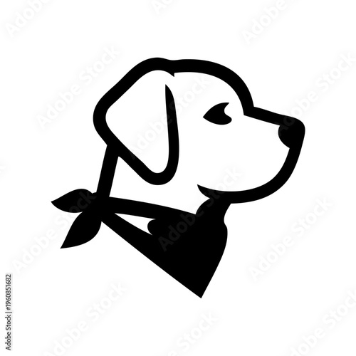 Logotipo tienda de mascotas. Dibujo sencillo con líneas de la cabeza de un perro simpático visto de perfil con pañuelo en el cuello