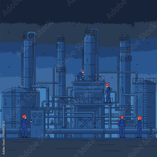 Industrial Factory Workers Overseeing Operations at Night.