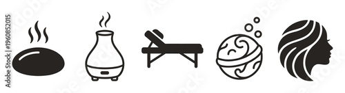 A set of black vector icons for spa and beauty themes, including hot stone, diffuser, and massage table. Perfect for wellness, therapy, and relaxation concepts.
