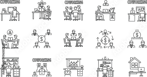 Coworking space and remote work vector icon set featuring business people collaborating in shared office environments and home workstations