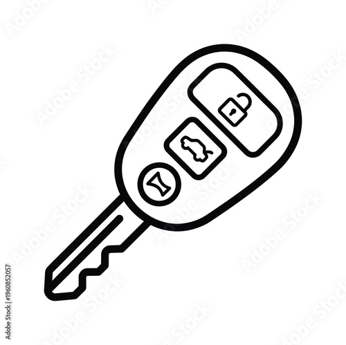 A simple line art icon of a modern car key with a remote fob. Features buttons for lock, trunk, and alarm. Perfect for automotive, security, or technology vector graphics.
