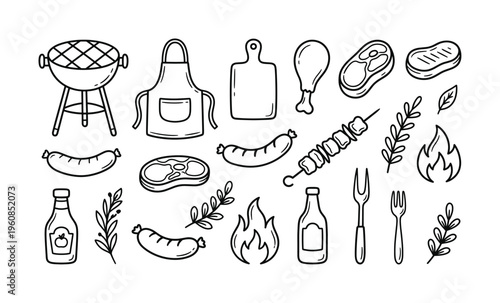 A set of hand-drawn doodle icons for a barbecue party. Includes grill, meat, sausages, and tools. Perfect for summer menus, invitations, and foodie blog graphics.