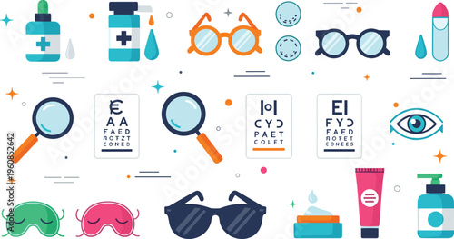 Eye care and ophthalmology vector icon set featuring glasses contact lenses vision test charts and medical drops for optometry design