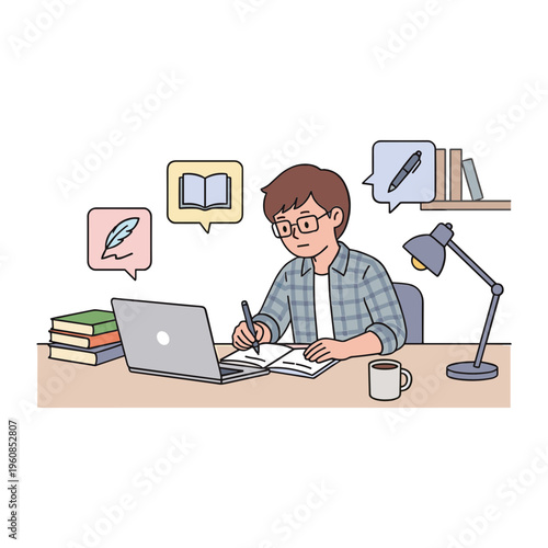 A man studies at a desk with a laptop and books in a cozy indoor setting.