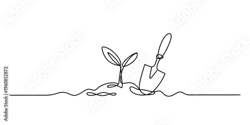 Continuous line drawing of a small seedling sprout and garden trowel in soil on white background