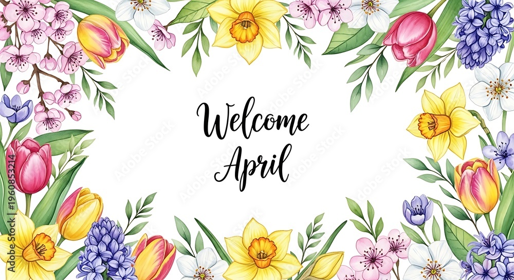 Fototapeta premium Vibrant April welcome floral wreath with spring flowers and handwritten text
