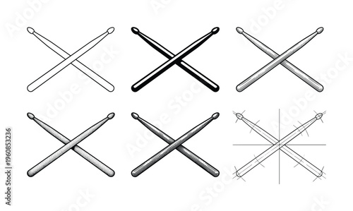 A set of six crossed drumstick illustrations in various artistic styles, from outline to engraving. Perfect for music logos, icons, band merchandise, and posters.