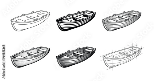 A set of six vintage hand drawn wooden rowboat illustrations. Shows different artistic styles like outline, hatching, and stippling. Perfect for nautical or adventure themes.