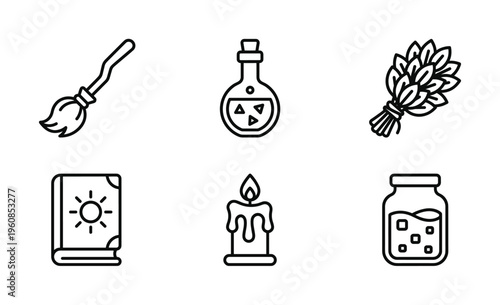 A set of minimalist black line icons for magic and witchcraft. Includes broom, potion, herbs, spellbook, and candle. Perfect for mystical design, web, or Halloween projects.