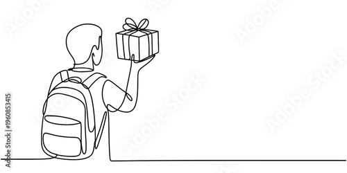 Continuous line drawing of a young person wearing a backpack and holding up a gift box.
