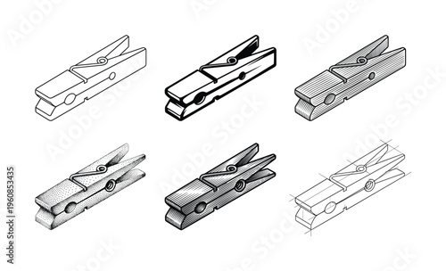 Set of six clothespin vector illustrations in various graphic styles like line art, hatching, and stippling. Hand-drawn icons for creative projects, laundry or DIY themes.