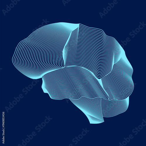 Brain hemispheres wireframe line art. Abstract human brain made of curved lines vector. Modern design representing mental health, neuroscience, research, and science concepts. Medicine and tecnology. 