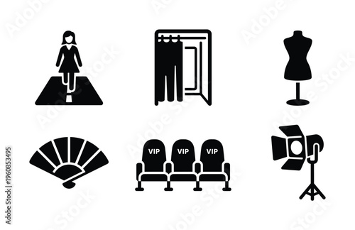 Set of black glyph icons for a fashion show and entertainment. Features a model, fitting room, mannequin, fan, VIP seats, and spotlight. Ideal for app and web design.