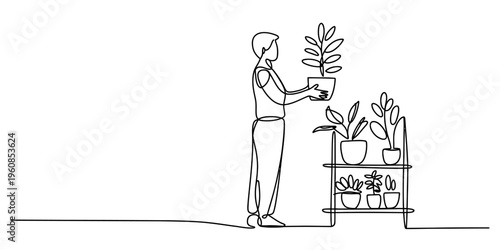 One line drawing of a man holding a potted houseplant while standing by a wooden plant stand
