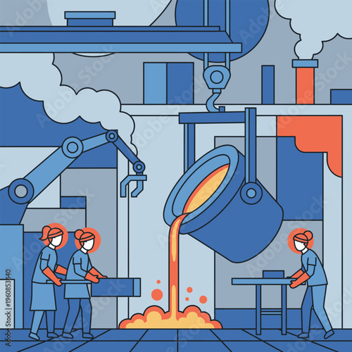 Industrial Foundry Workers Pouring Molten Metal.