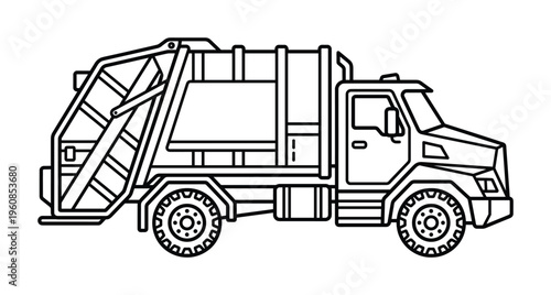 A clean line art illustration of a garbage truck. This simple vector icon is perfect for waste management, recycling, sanitation, and municipal services concepts.