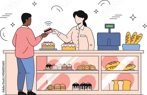 Bakery shop scene vector illustration featuring customer making contactless credit card payment at counter with cakes and fresh bread
