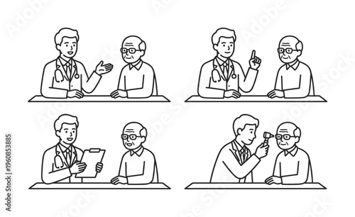 A set of line art icons showing a doctor consulting, advising, and examining an elderly male patient. Minimalist vector illustration for healthcare, geriatrics, and medical concepts.
