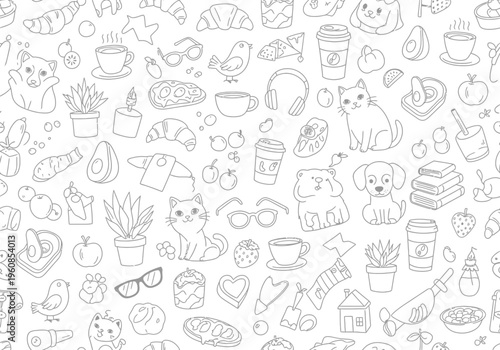 Whimsical black and white seamless doodle pattern with hand-drawn everyday items, cute animals, and food for creative backgrounds