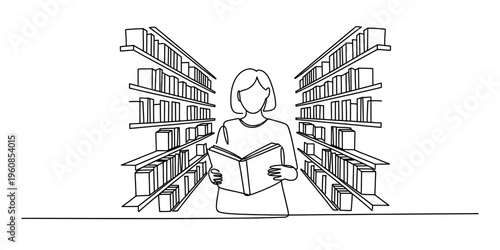 Continuous line drawing of a young woman reading a book while standing in a library aisle.