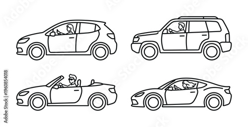 A set of four car icons with drivers. Includes SUV, hatchback, convertible, and sports car. Minimalist line art vector for transport, auto, or driving service concepts.