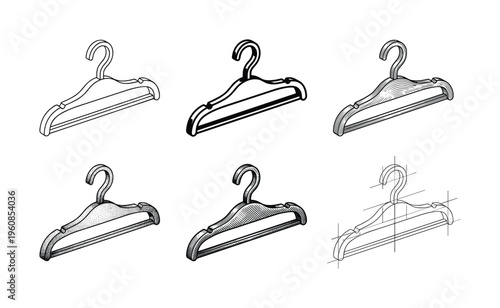 A set of six clothes hangers illustrated in various graphic styles like line art, hatching, and stippling. A classic black and white vector collection for fashion or design concepts.