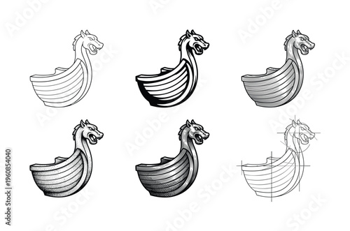 Set of six Viking longship dragon prow illustrations. Various art styles: line art, engraving, stippling, and sketch. For logos, icons, or historical branding.