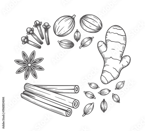 Black and white line of various whole spices and herbs cloves nutmeg cardamom