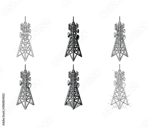 A set of six radio tower illustrations in a technical, engraved vector style. Ideal for telecommunication, network, and technology concepts. Black and white line art.