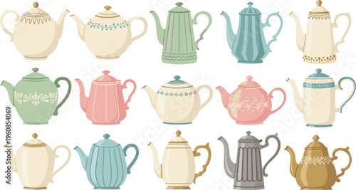 Elegant vintage ceramic teapot and coffee pot vector collection featuring assorted ornate porcelain kettles with floral patterns and classical designs