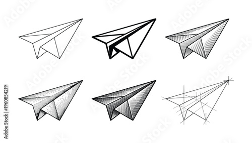 A set of six hand drawn paper airplane icons. Various styles from outline to hatching, symbolizing creativity, travel, and startup concepts. Vector illustration for design.