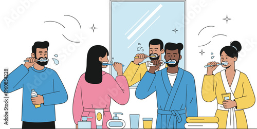 Group of diverse people brushing teeth in bathroom mirror vector illustration for dental hygiene morning routine and healthcare design