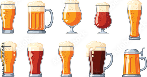 Set of various beer glasses with different lager, ale and stout styles isolated on white background, detailed flat vector illustration collection