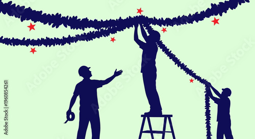 People decorating with festive holiday lights.