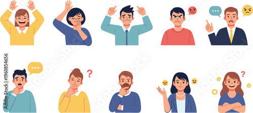 Diverse people character vector set featuring various facial expressions including happy sad angry confused and thoughtful emotional portraits for design