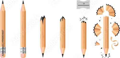 Wooden Pencil Set Showing Different Stages of Use from New to Worn Broken and Sharpened Isolated Minimal Vector Illustration