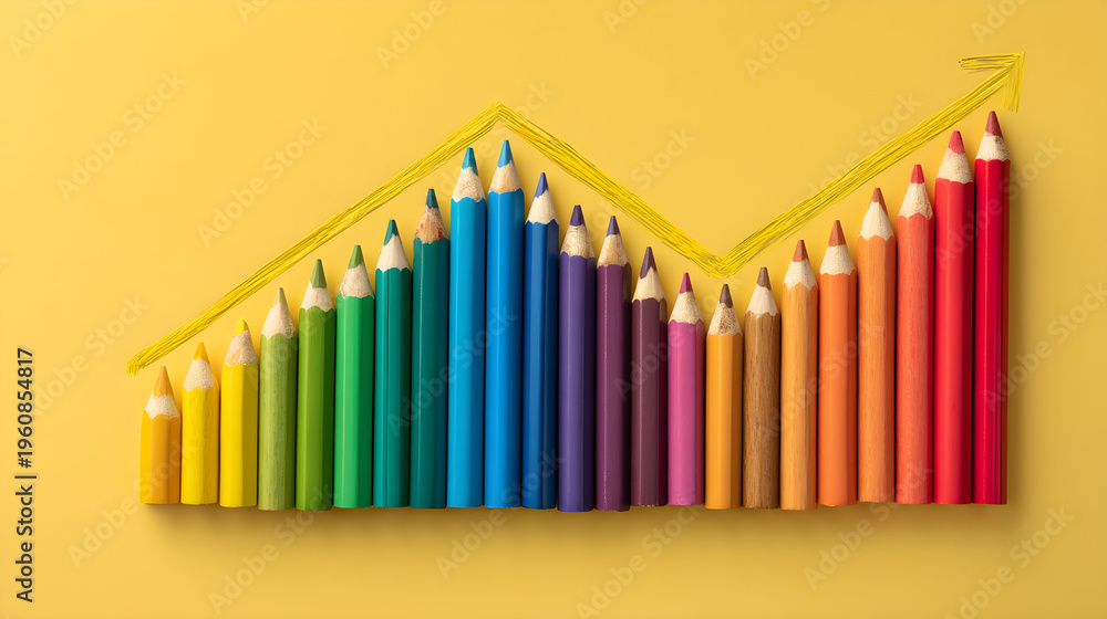Obraz premium Colorful pencils arranged in a graph shape on a vibrant yellow background with copy space
