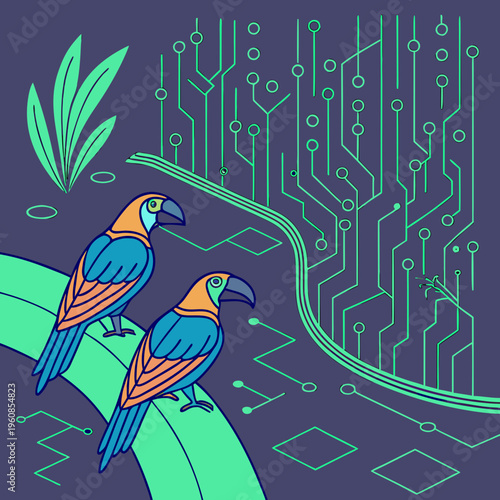 Two macaws on a green circuit board branch