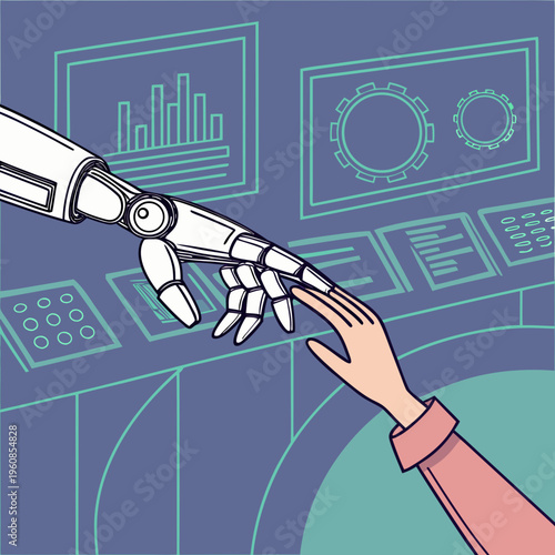 A robotic arm and a human hand touching