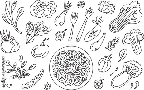 Healthy salad and vegetable doodles collection featuring assorted greens and organic garden produce. Vector illustration