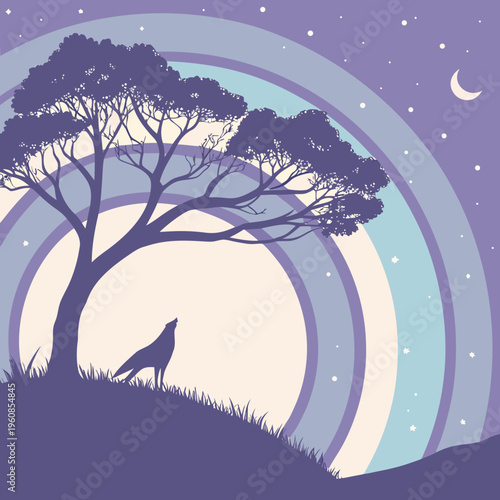 A wolf howls under a tree on a hill at night