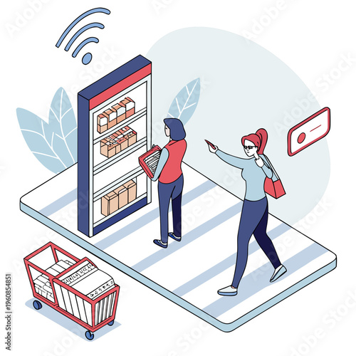 Two women shopping online with a virtual fridge