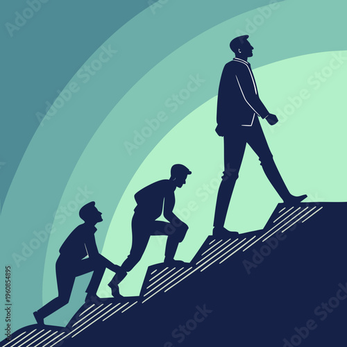 Three men climbing up a steep hill