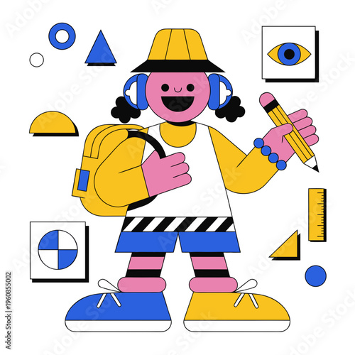 Happy Student Character with School Supplies and Geometric Shapes. Playful vector illustration of a smiling student mascot. Character features a yellow bucket hat, blue headphones, and a backpack. 