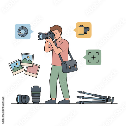 A photographer takes pictures with his camera equipment in a studio setting.